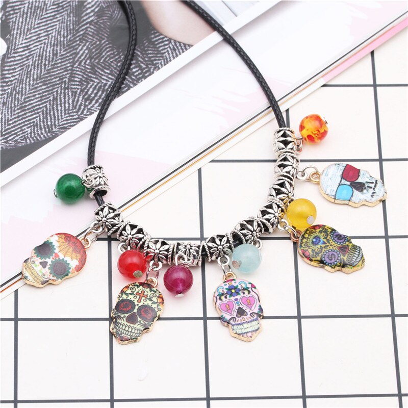 Sugar Skull Pendant Necklace Fashion Punk Colorful Unisex Choker Crystal Beads Jewelry