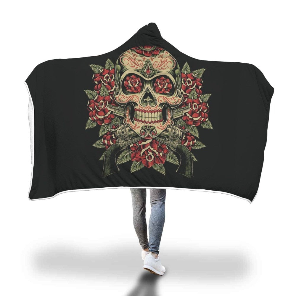 Sugar Skull Printed Cool Hooded Blanket for Adults Kids Sherpa Fleece Wearable Picnic Bed Sofa Throw Warm Blankets 150x200cm