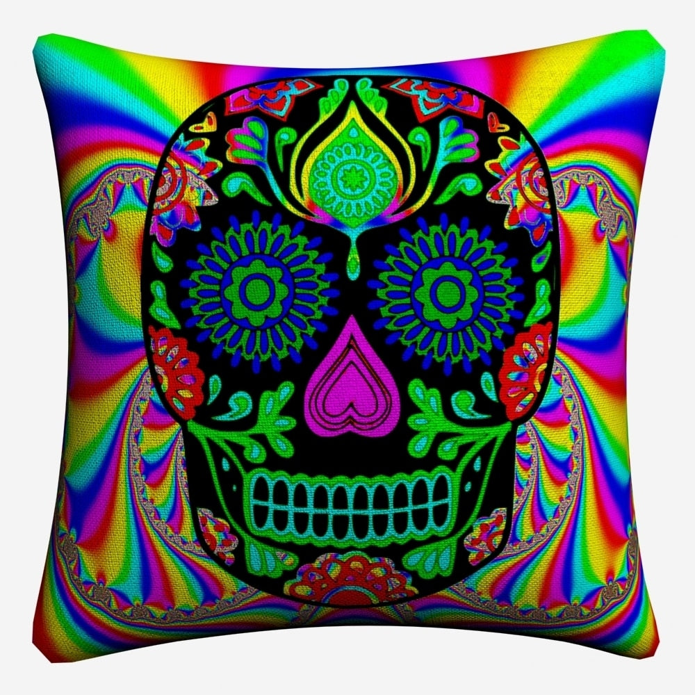 Sugar Skull Psychedelic Mandala Art Decorative Cotton Linen Cushion Cover