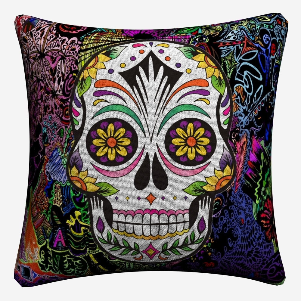 Sugar Skull Psychedelic Mandala Art Decorative Cotton Linen Cushion Cover