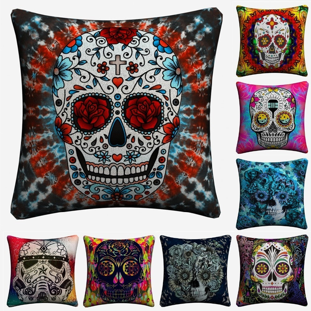 Sugar Skull Psychedelic Mandala Art Decorative Cotton Linen Cushion Cover