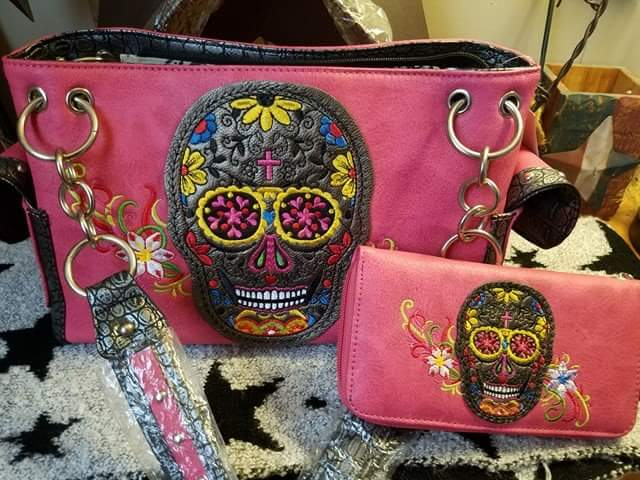Western Sugar Skull Bling Purse Matching Wallet Pink Black Concealed Carry