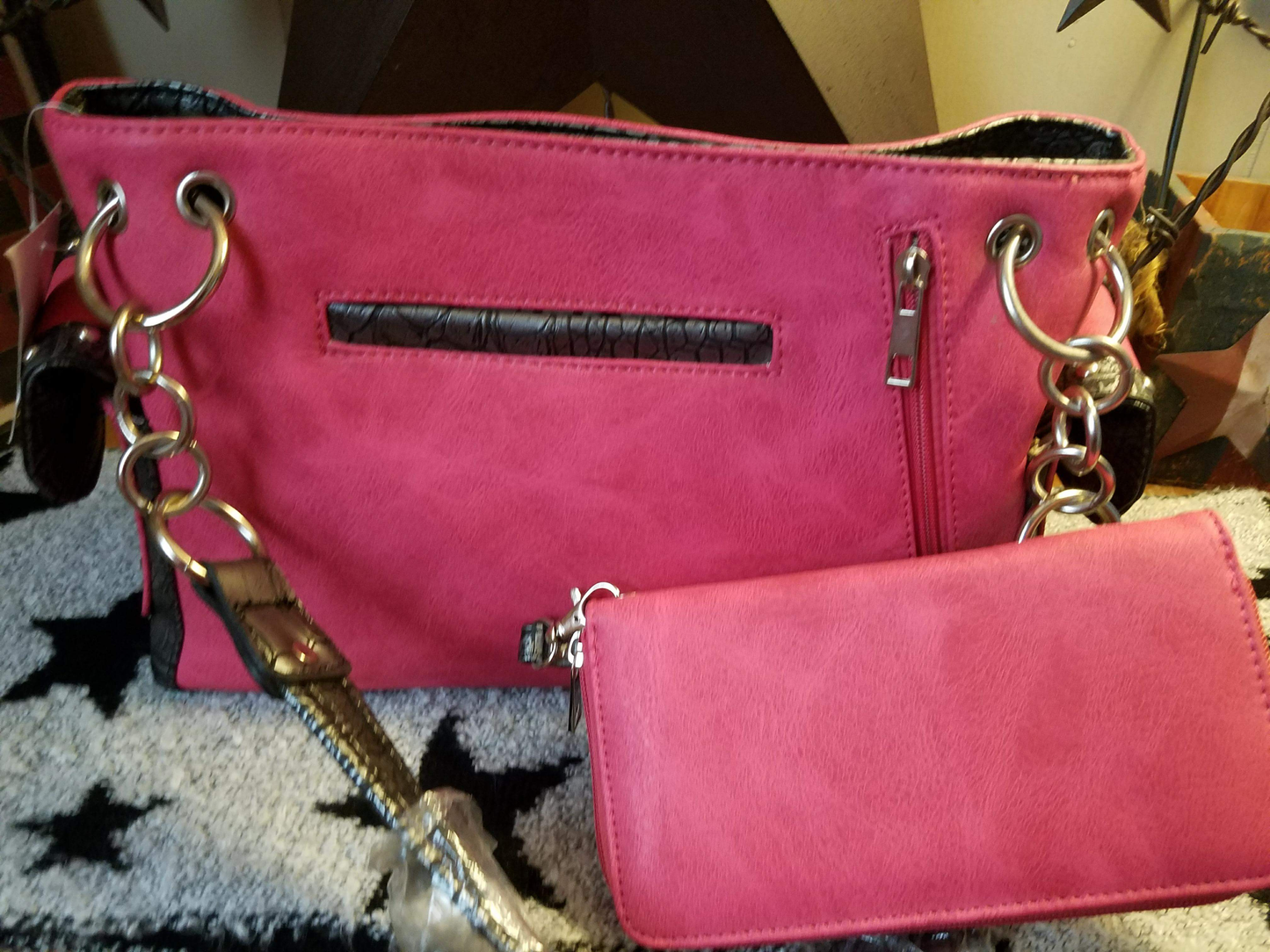 Western Sugar Skull Bling Purse Matching Wallet Pink Black Concealed Carry