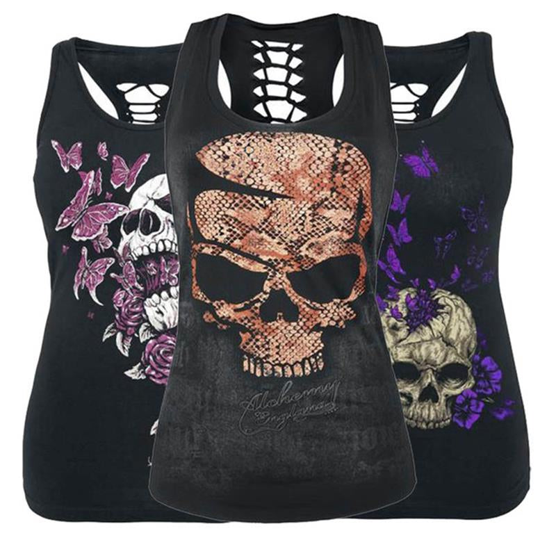 Summer Fashion Women T-Shirt Skull Print Hollow Out T-Shirt O-Neck Sleeveless Sexy Tee Top Plus