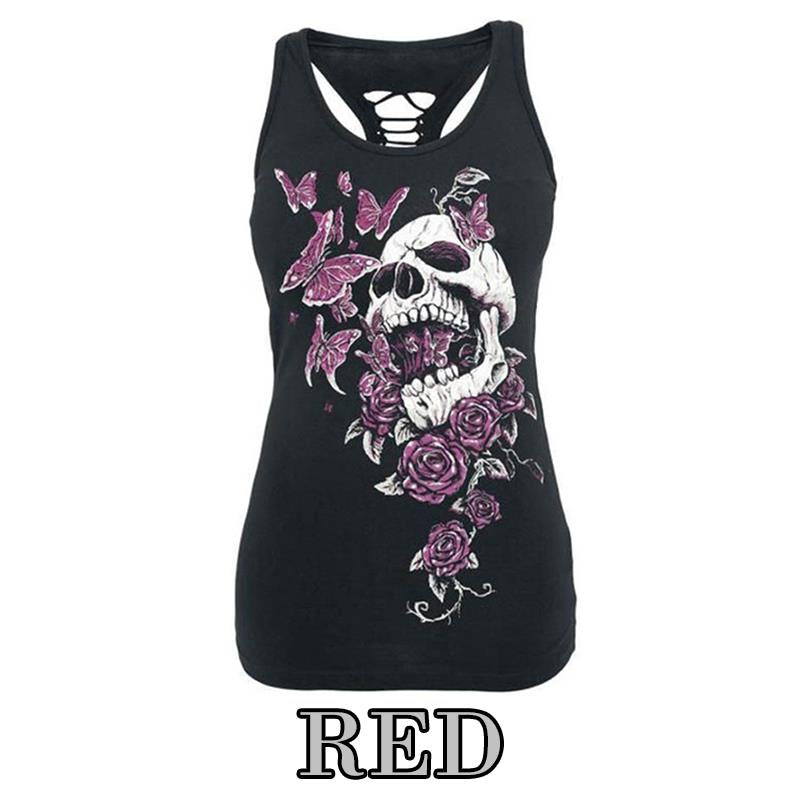 Summer Fashion Women T-Shirt Skull Print Hollow Out T-Shirt O-Neck Sleeveless Sexy Tee Top Plus