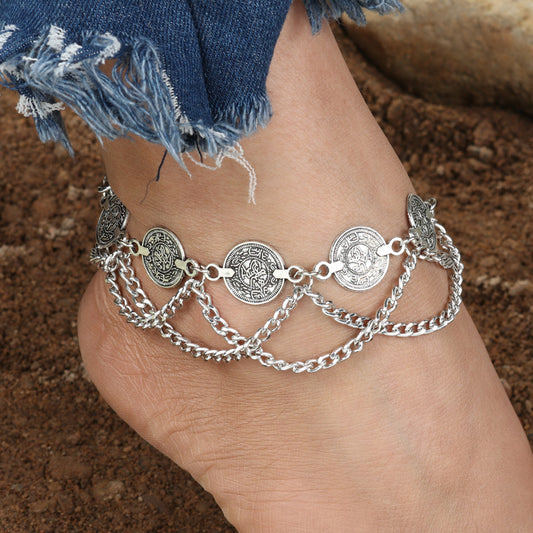 Tenande Bohemian Coins Tassel Anklets Chain Cross Tassel Ankle Bracelets for Women Beach Barefoot Sandals Foot Jewelry Gift