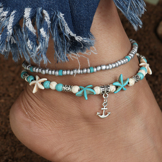Tenande Bohemian Shell Beads Starfish Anchor Anklets Bracelets for Women Beach Leg Chain Ankle Chain Sandals Foot Jewelry