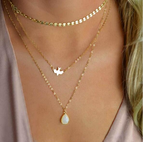 Tenande Punk Multi Layer Big Statement Opal Peace Dove Choker Necklaces Pendants for Women New Fashion Party Jewelry Gifts