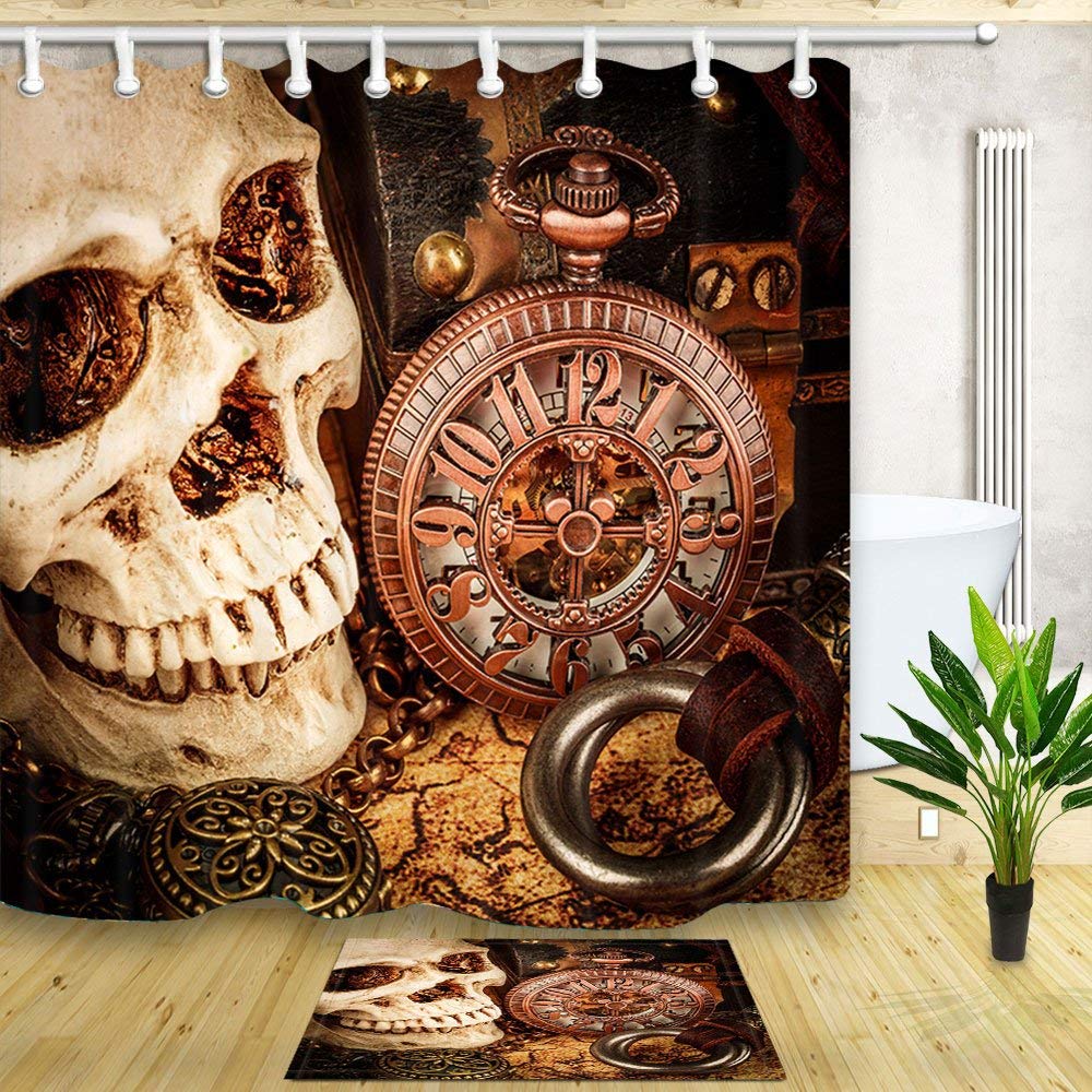 The Spooky Skull with A Mechanical Clock Mildew Resistant Shower Curtain