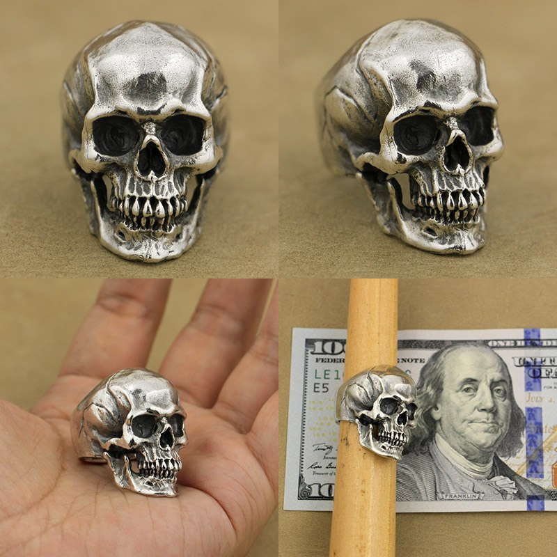 Thick Heavy Punk Retro Fashion Solid 925 Sterling Silver Cool Men's Biker Personality High Detail Skull Ring US Size 7~15