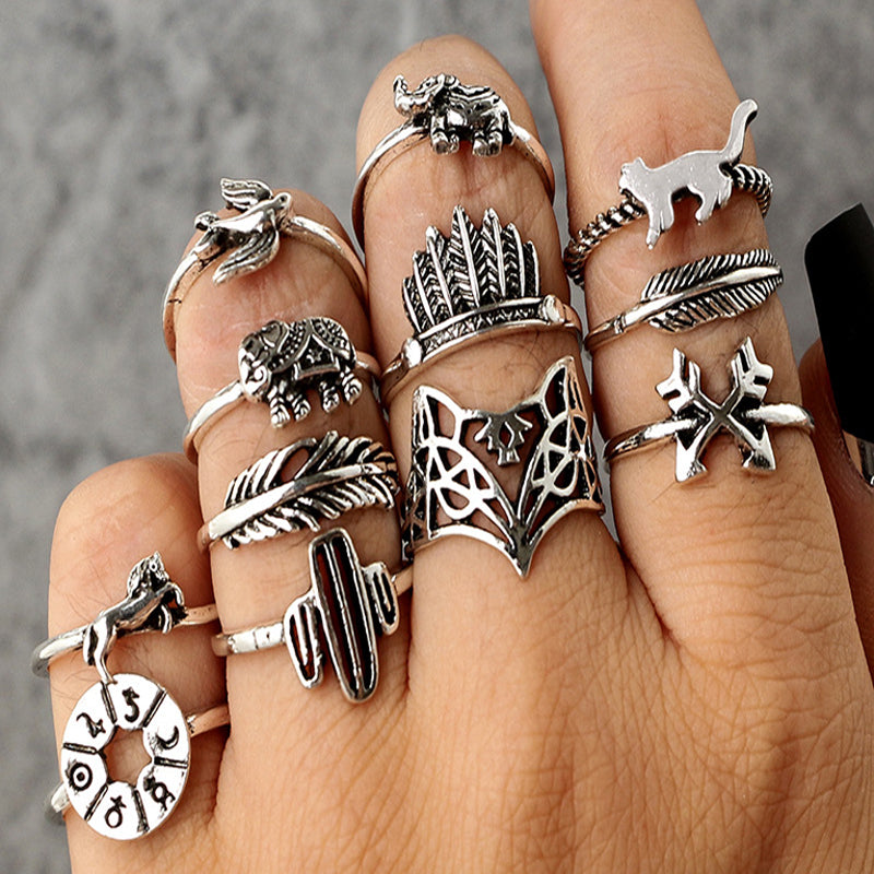 12pcs/Set Bohemia Antique Silver Arrow Elephant Fox Lion Pony Pattern Carved Animal Rings Sets for Women Jewelry 4676