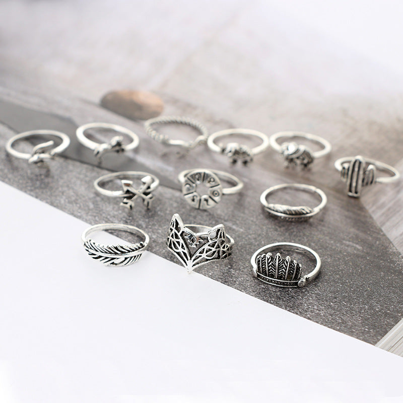 12pcs/Set Bohemia Antique Silver Arrow Elephant Fox Lion Pony Pattern Carved Animal Rings Sets for Women Jewelry 4676