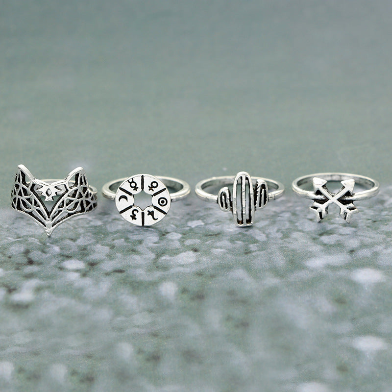 12pcs/Set Bohemia Antique Silver Arrow Elephant Fox Lion Pony Pattern Carved Animal Rings Sets for Women Jewelry 4676