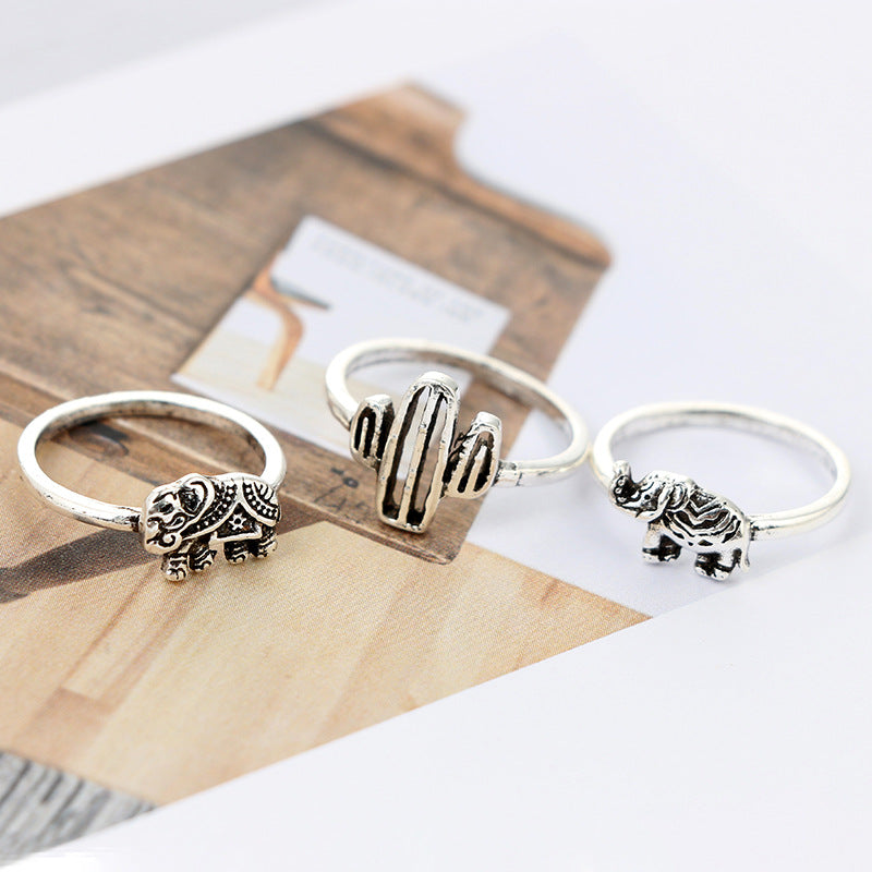 12pcs/Set Bohemia Antique Silver Arrow Elephant Fox Lion Pony Pattern Carved Animal Rings Sets for Women Jewelry 4676