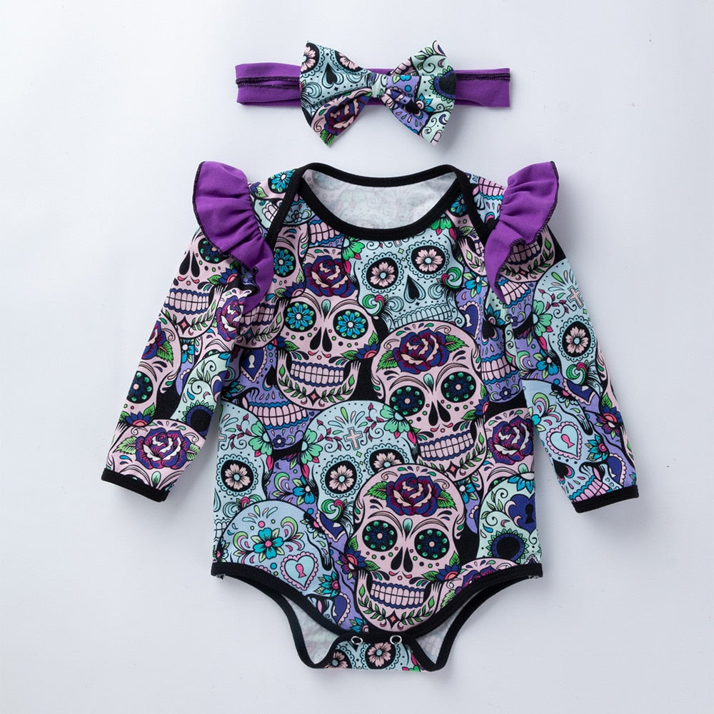 Baby Floral Girls Long Sleeve Sugar Skull Romper Jumpsuit