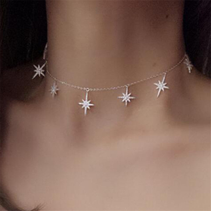 Trendy CZ Crystal Star Pendant Necklace Gold Silver Color Chain Choker Necklace for Women Jewelry Wedding Party Christmas Gift