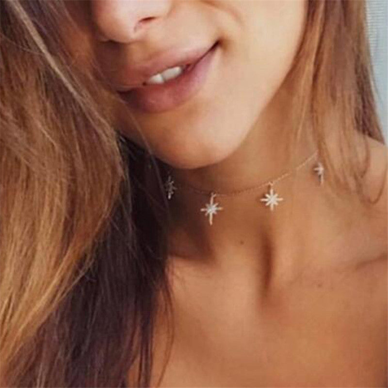 Trendy CZ Crystal Star Pendant Necklace Gold Silver Color Chain Choker Necklace for Women Jewelry Wedding Party Christmas Gift