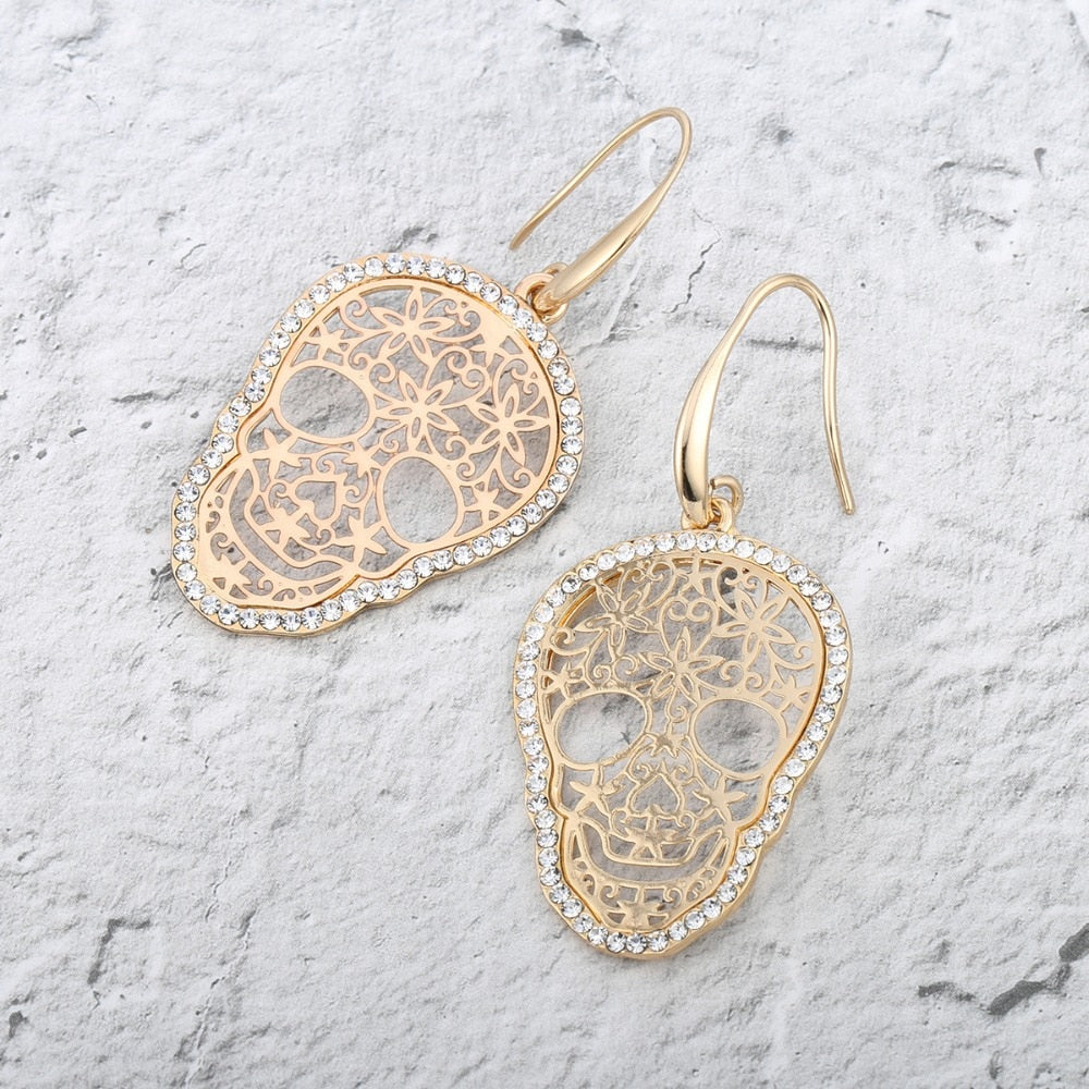 Trendy Gold Skull Jewelry for Women Flower Skeleton Crystal Earring