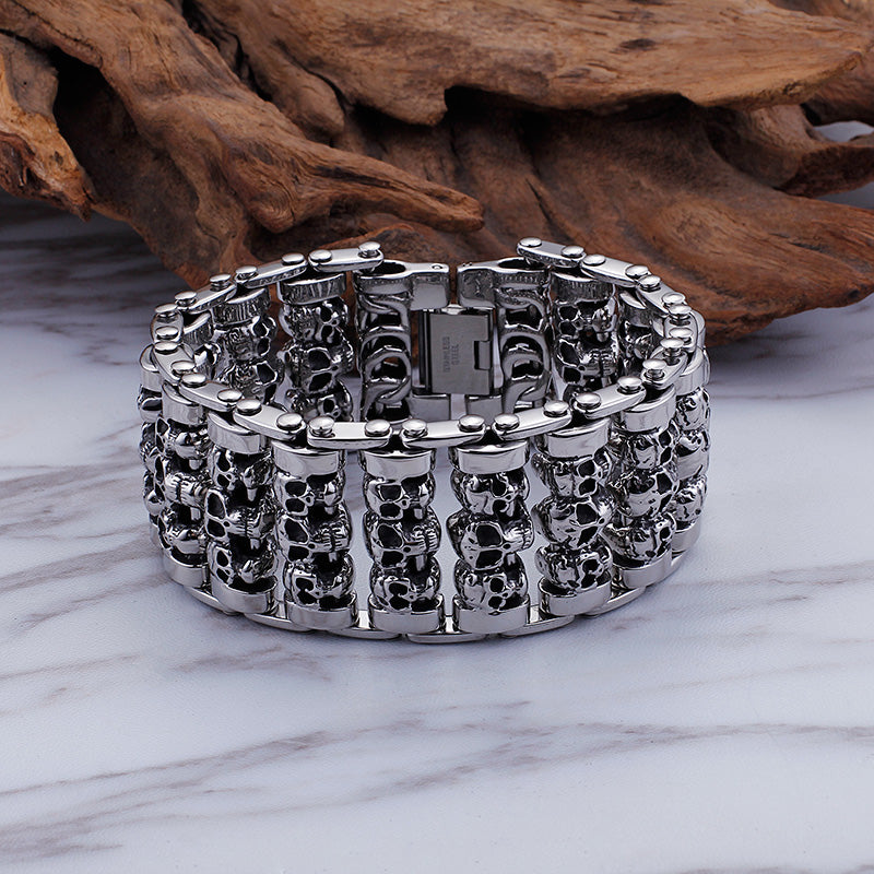 Solid Stainless Steel 35MM Wide Heavy Men's Skeleton Skull Bracelet Punk Rocker Ghost Bangle Biker Jewelry Bracelets