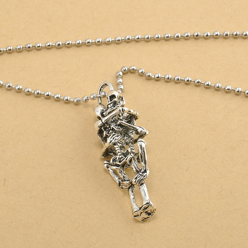 Two Skull Skeleton Embrace Cross Pendant Necklaces Punk Vintage Chain Necklace For Lovers Gift