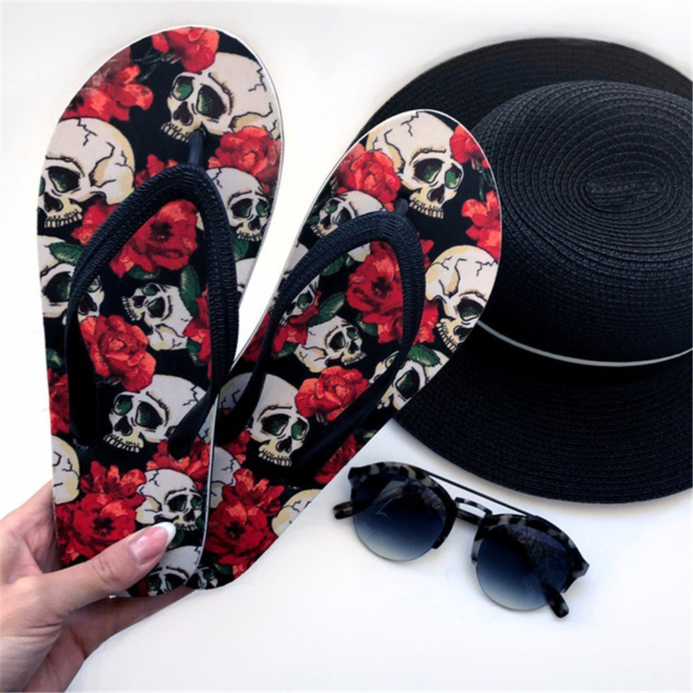 Skull Print Flip Flops Soft Rubber Sole Flat Slippers for Women Casual Female Ladies Summer Beach Flipflops