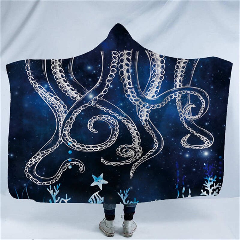 Skull Octopus Dinosaur Printed Plush Hooded Blanket