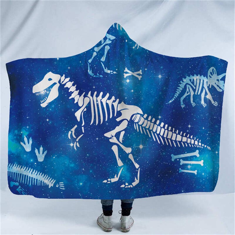 Skull Octopus Dinosaur Printed Plush Hooded Blanket