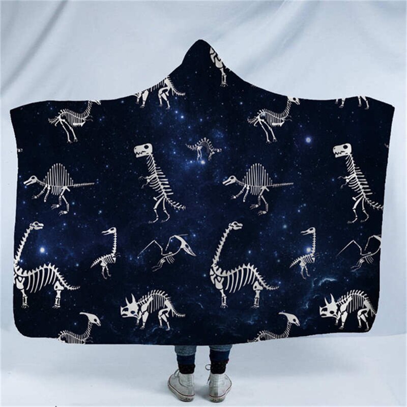Skull Octopus Dinosaur Printed Plush Hooded Blanket