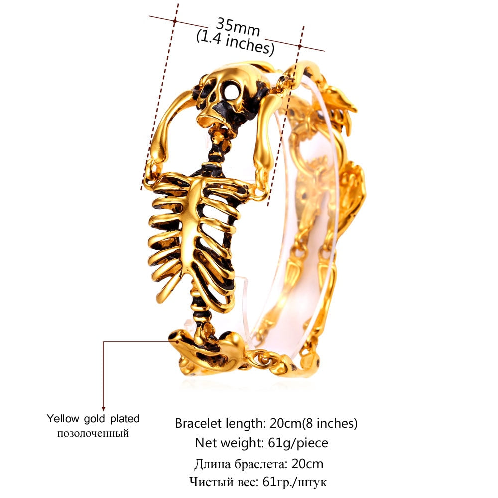 Skull Bracelet Big Skeleton Bones Statement Punk Jewelry Gold Color Stainless Steel Halloween Gift Gothic Bracelets Men H857