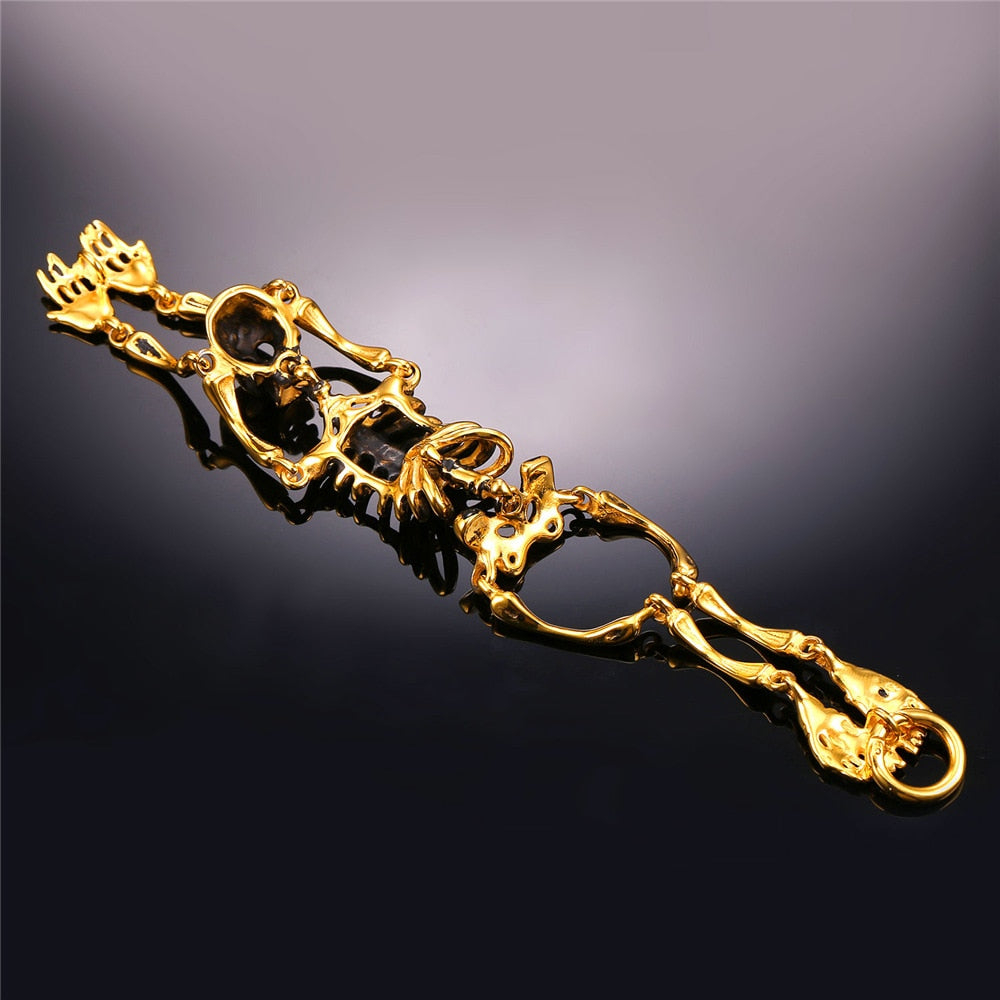 Skull Bracelet Big Skeleton Bones Statement Punk Jewelry Gold Color Stainless Steel Halloween Gift Gothic Bracelets Men H857