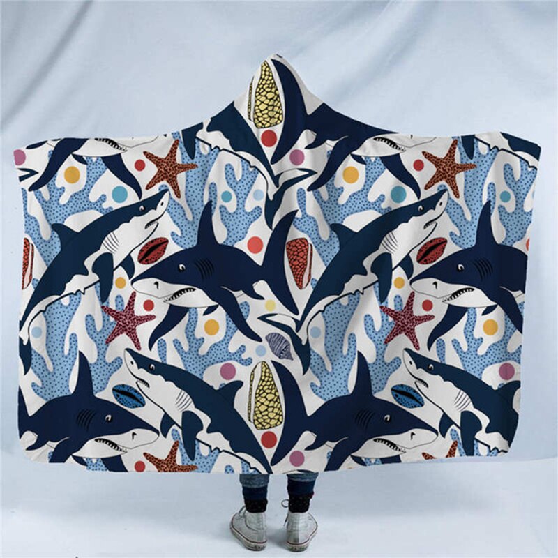 Skull Octopus Dinosaur Printed Plush Hooded Blanket
