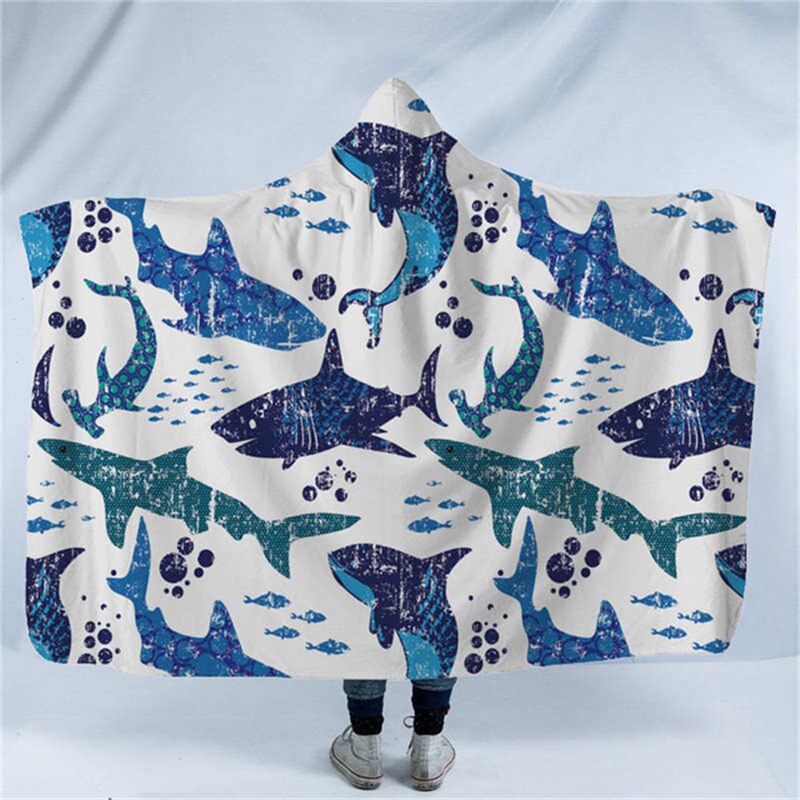 Skull Octopus Dinosaur Printed Plush Hooded Blanket