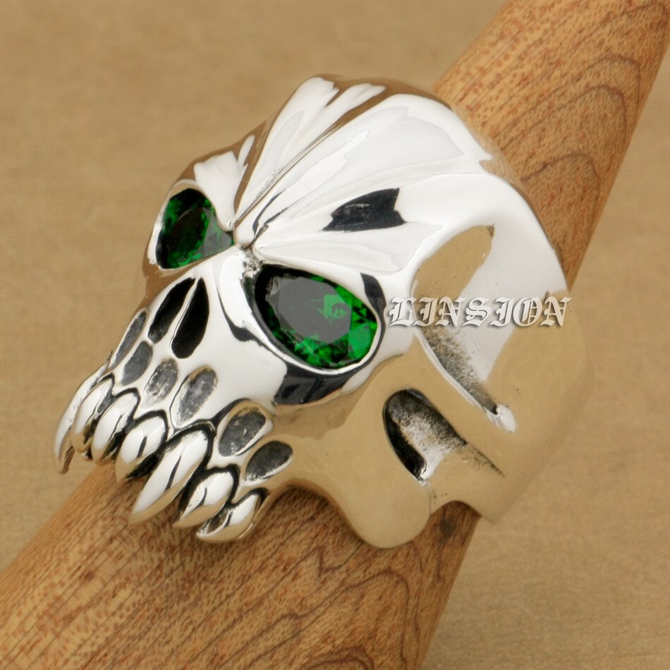 US Size 8~15 Huge Heavy 925 Sterling Silver Green CZ Eyes Skull Mens Biker Rock Punk Ring