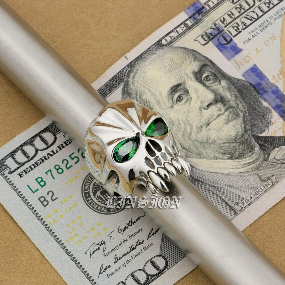 US Size 8~15 Huge Heavy 925 Sterling Silver Green CZ Eyes Skull Mens Biker Rock Punk Ring