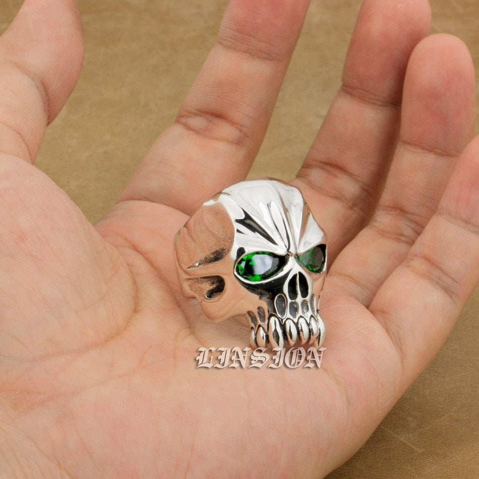 US Size 8~15 Huge Heavy 925 Sterling Silver Green CZ Eyes Skull Mens Biker Rock Punk Ring