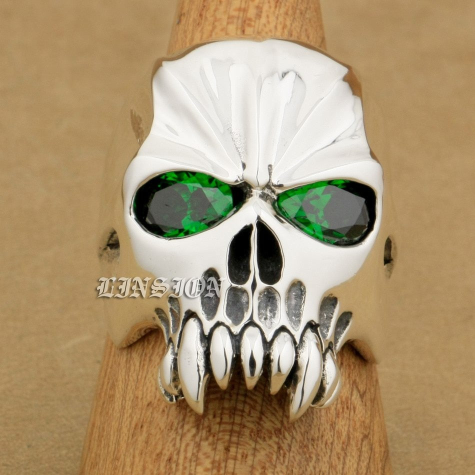 US Size 8~15 Huge Heavy 925 Sterling Silver Green CZ Eyes Skull Mens Biker Rock Punk Ring