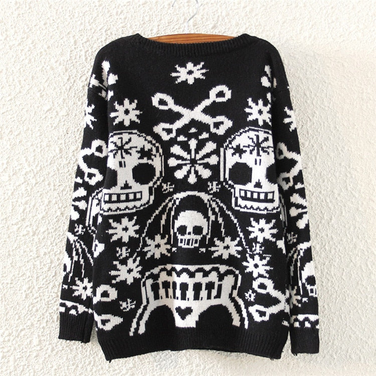 Women Pullovers Skull Design Female O Neck Outwear Loose Black Sweater Solid Cotton Loose Knitted Casual Pullovers Sweater
