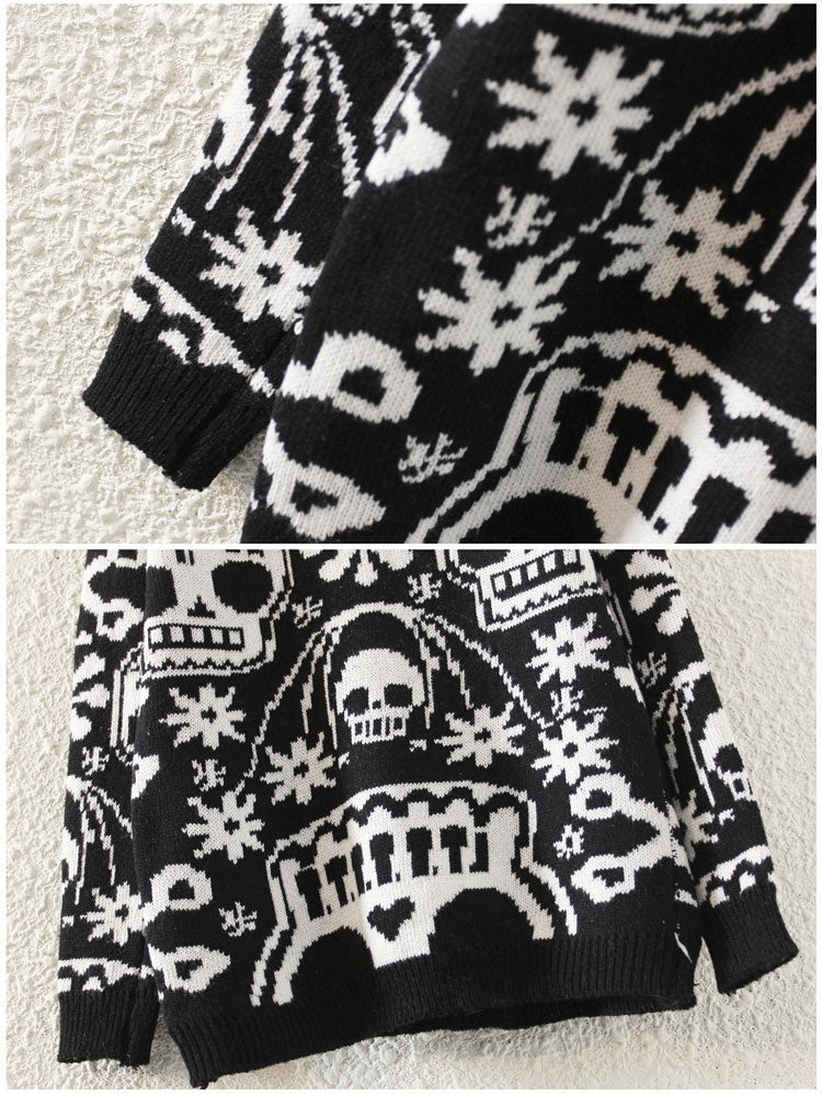 Women Pullovers Skull Design Female O Neck Outwear Loose Black Sweater Solid Cotton Loose Knitted Casual Pullovers Sweater