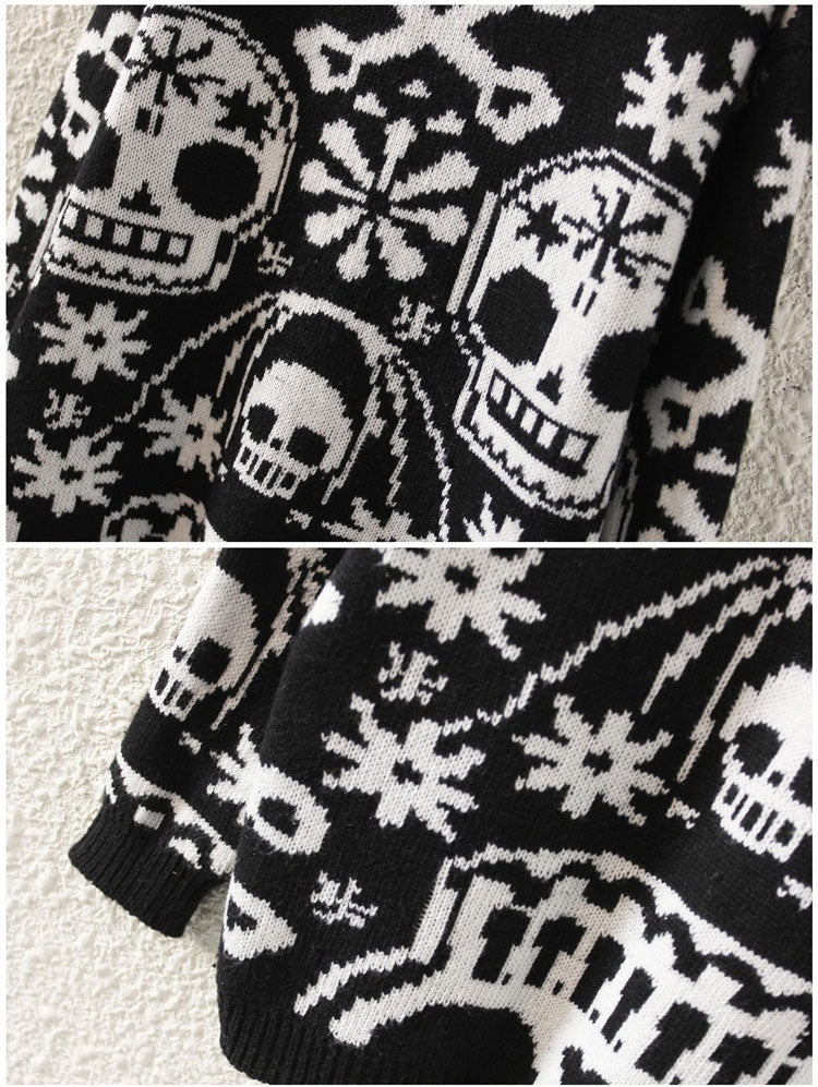 Women Pullovers Skull Design Female O Neck Outwear Loose Black Sweater Solid Cotton Loose Knitted Casual Pullovers Sweater