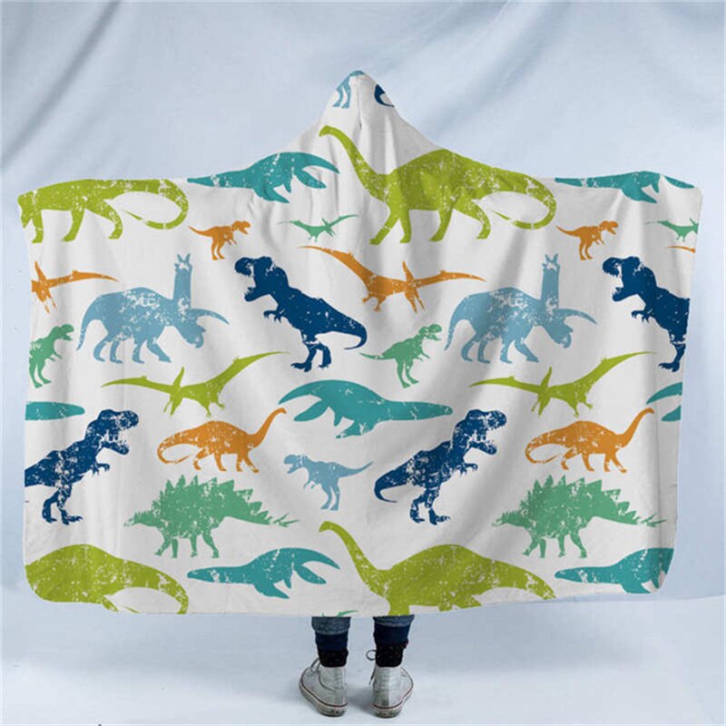 Skull Octopus Dinosaur Printed Plush Hooded Blanket