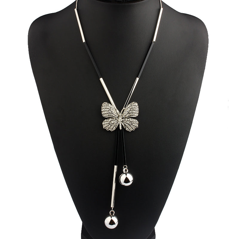 Elegant Butterfly Long Beaded Chain Tassel Necklace Women Rhinestone Office Accessory Bohemia Costumes Jewelry Bijoux