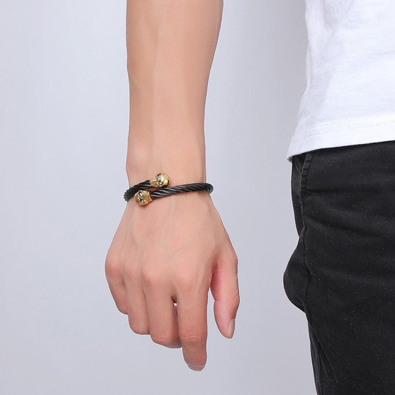 Men's Double Skull Head Cuff Bangle Bracelet Punk Black Twisted Wire Cable Skeleton Stainless Steel Jewelry