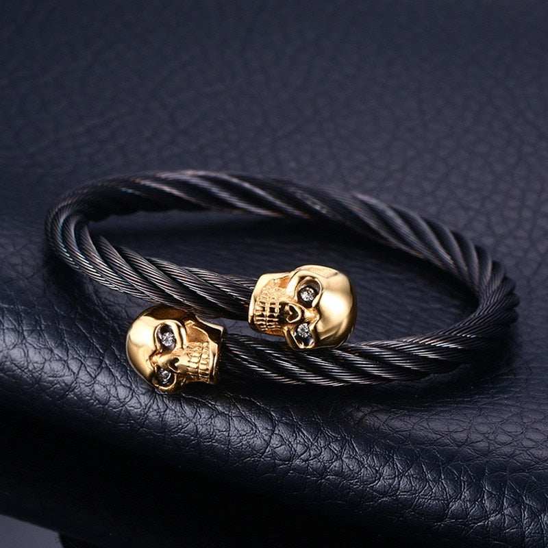 Men's Double Skull Head Cuff Bangle Bracelet Punk Black Twisted Wire Cable Skeleton Stainless Steel Jewelry