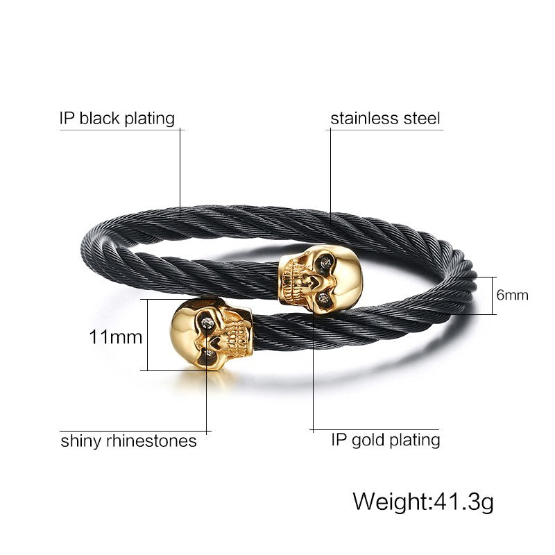 Men's Double Skull Head Cuff Bangle Bracelet Punk Black Twisted Wire Cable Skeleton Stainless Steel Jewelry