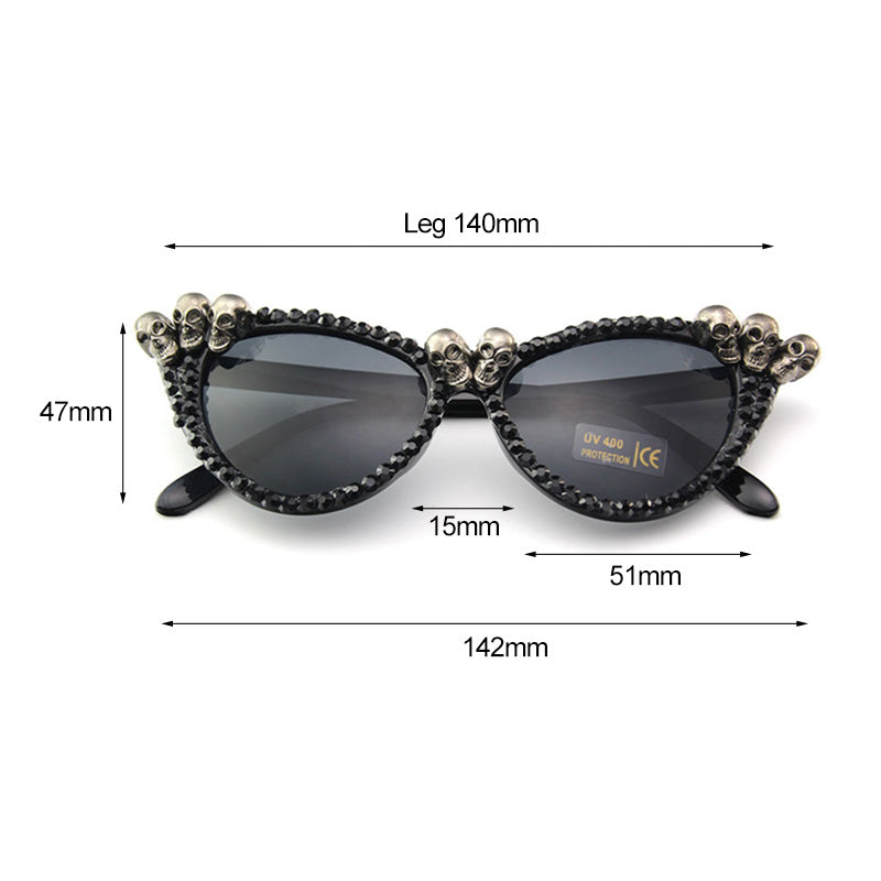 Rhinestone Sunglasses Cat Eye Women Skull Black Punk Sun Glasses for Woman Party Festival Hip Hop Fashion Style