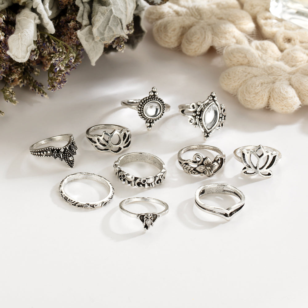Vintage 10pcs/set Knuckle Rings Bohemian Carved Hollow Out Crystal Lotus Elephant Rings for Women Party Midi Ring Jewelry Gift