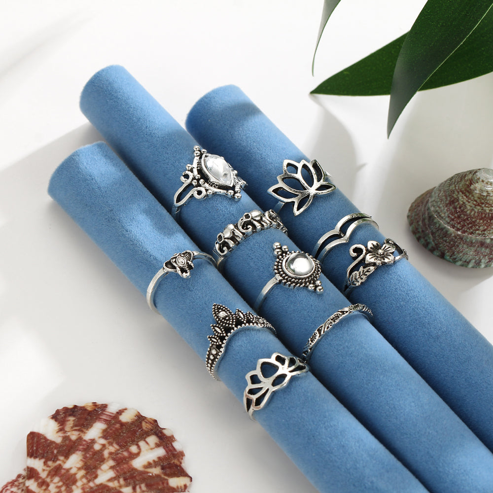 Vintage 10pcs/set Knuckle Rings Bohemian Carved Hollow Out Crystal Lotus Elephant Rings for Women Party Midi Ring Jewelry Gift