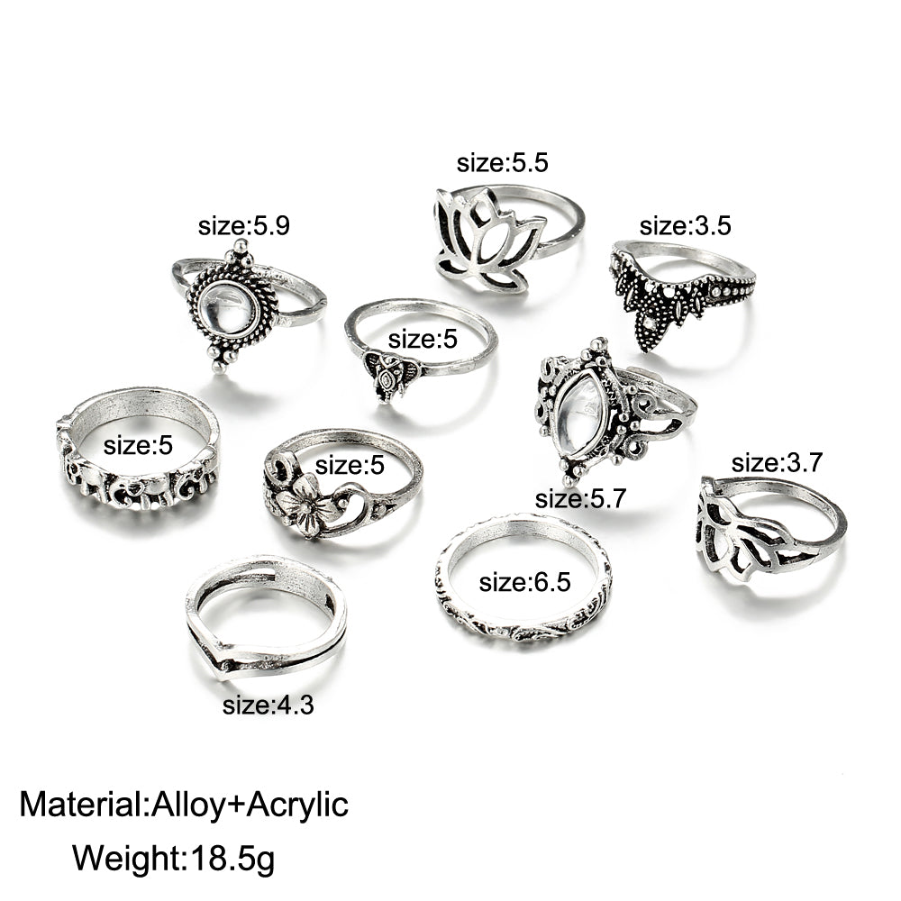 Vintage 10pcs/set Knuckle Rings Bohemian Carved Hollow Out Crystal Lotus Elephant Rings for Women Party Midi Ring Jewelry Gift