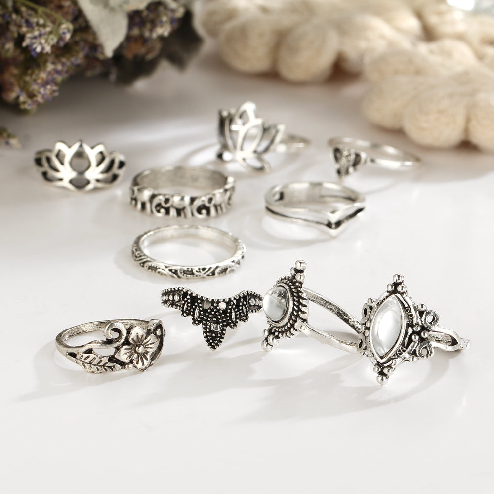 Vintage 10pcs/set Knuckle Rings Bohemian Carved Hollow Out Crystal Lotus Elephant Rings for Women Party Midi Ring Jewelry Gift