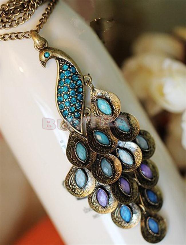 Long Chain Colorful Peacock Pendant Sweater Necklace fashion necklaces